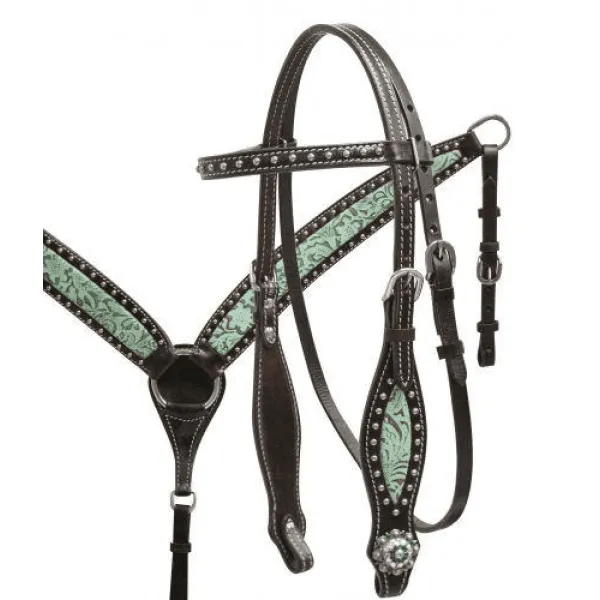 15", 16" Double T barrel saddle set with teal filigree inlay.