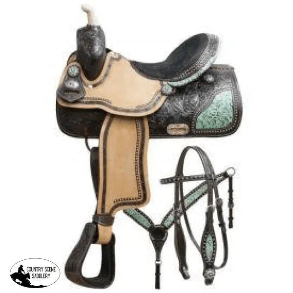 15", 16" Double T barrel saddle set with teal filigree inlay.