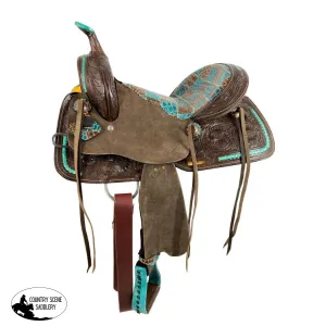 15" Double T  Barrel style saddle with teal gator patchwork pattern.