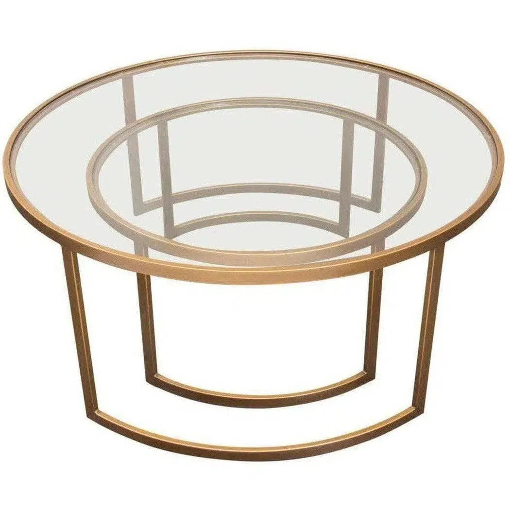 2PC Round Nesting Table Set Gold Frame Clear Glass Tops