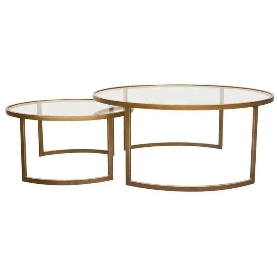 2PC Round Nesting Table Set Gold Frame Clear Glass Tops