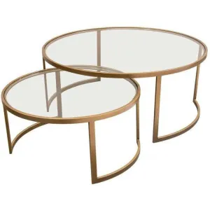 2PC Round Nesting Table Set Gold Frame Clear Glass Tops