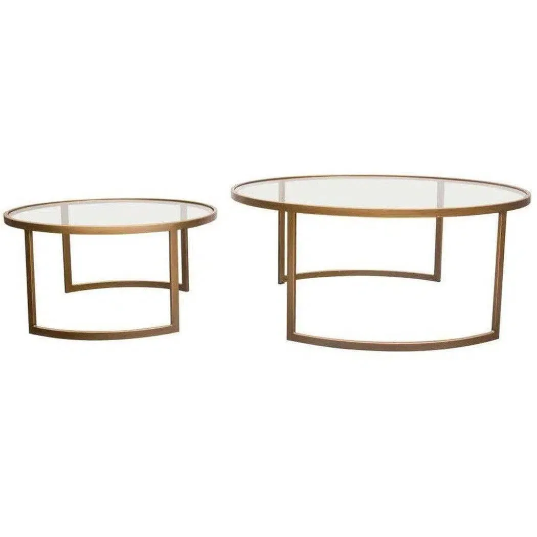 2PC Round Nesting Table Set Gold Frame Clear Glass Tops