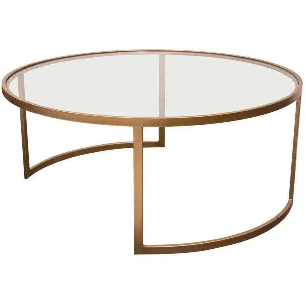 2PC Round Nesting Table Set Gold Frame Clear Glass Tops