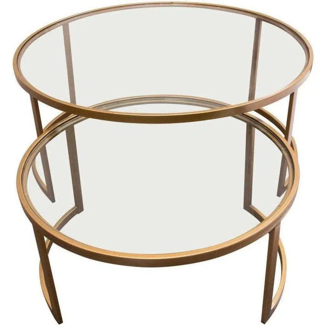 2PC Round Nesting Table Set Gold Frame Clear Glass Tops