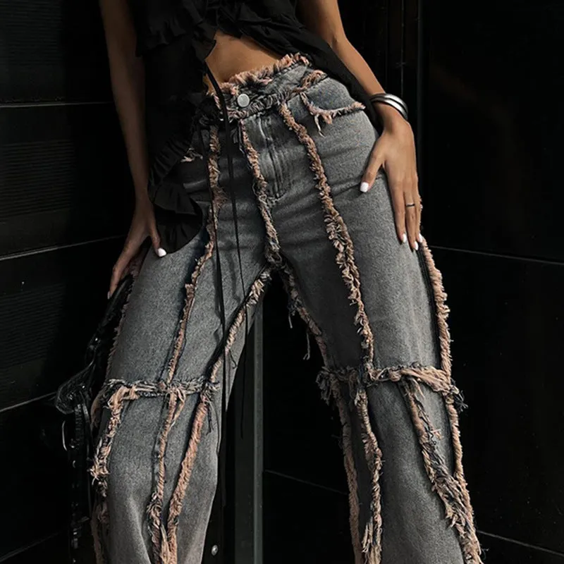 American street style raw-edge split jeans