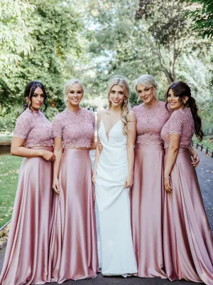 Best Scoop Neck Short Sleeve Two-piece Lace Satin Evening Dresses Party Long Bridesmaid Dresses.DB10657