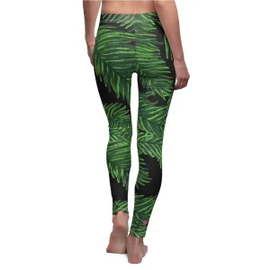 Black Tropical Leaves Casual Leggings, Green Jungle Palm Tree Women's Long Leggings-Made in USA