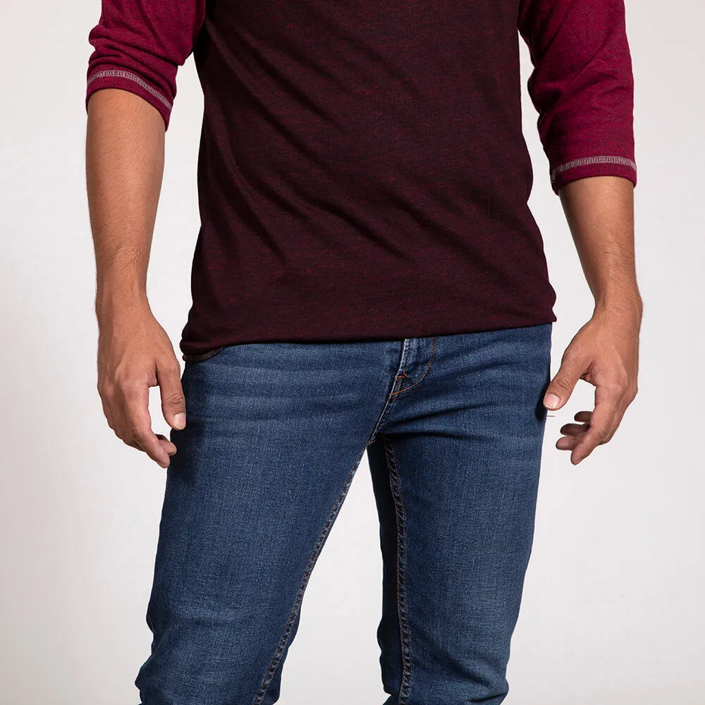 Burgundy & Cranberry Contrast 3/4 Raglan Sleeve Henley - Made In USA