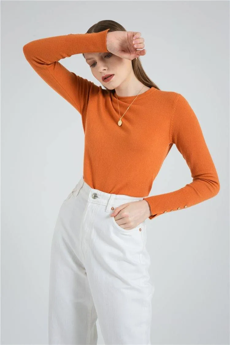 Button Sleeve Knitted Sweater Pullover