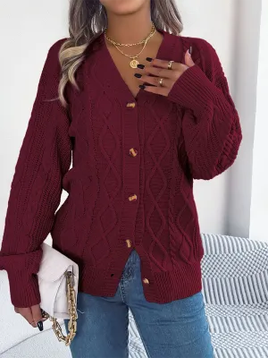 Casual V-neck Lantern Sleeve Twist Button Knit Cardigan Sweater Jacket