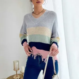 Casual women’s long-sleeved worn-out knitted bottoming v-neck sweater