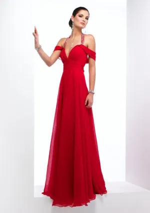 Chiffon Halter Red Off Shoulder Prom Formal Evening Dress HB141A