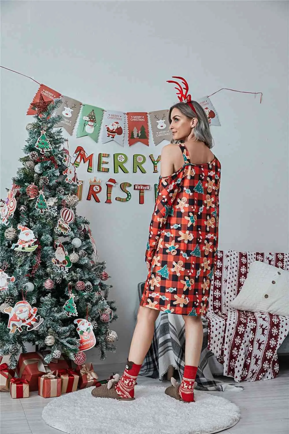 Christmas Asymmetrical Neck Long Sleeve Dress