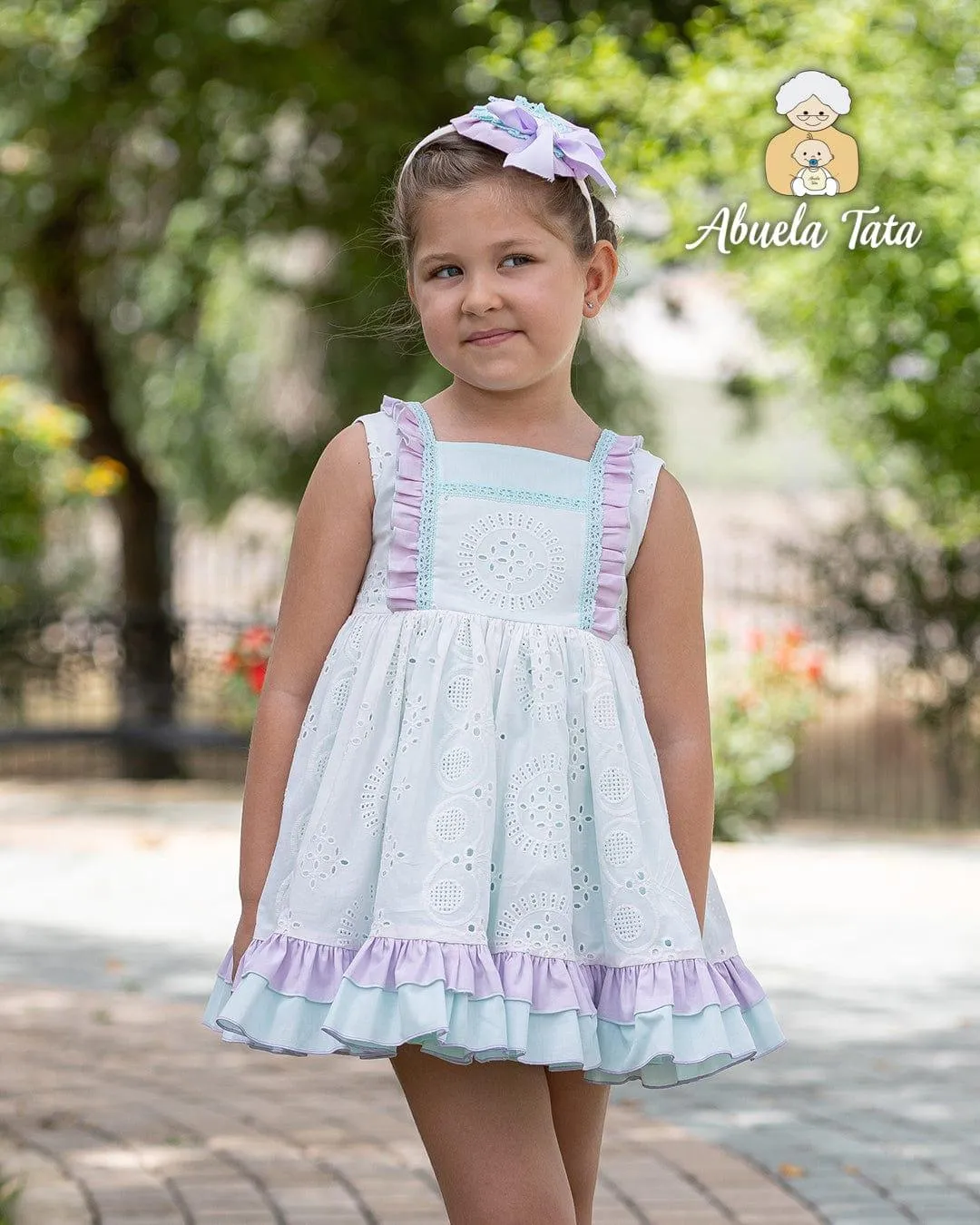 CLEARANCE SALE Abuela Tata - Girls White, Mint & Lilac Ruffle Dress