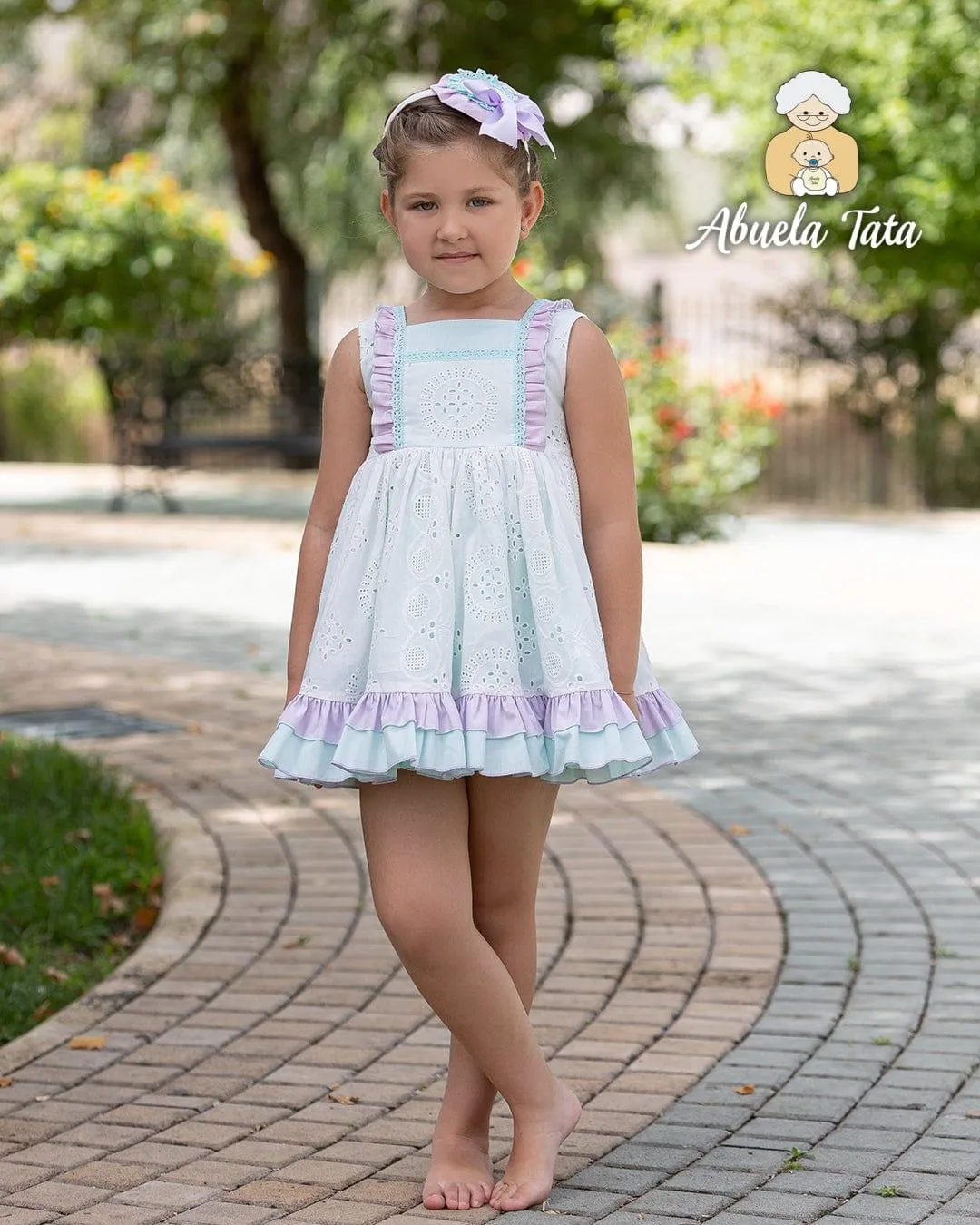 CLEARANCE SALE Abuela Tata - Girls White, Mint & Lilac Ruffle Dress