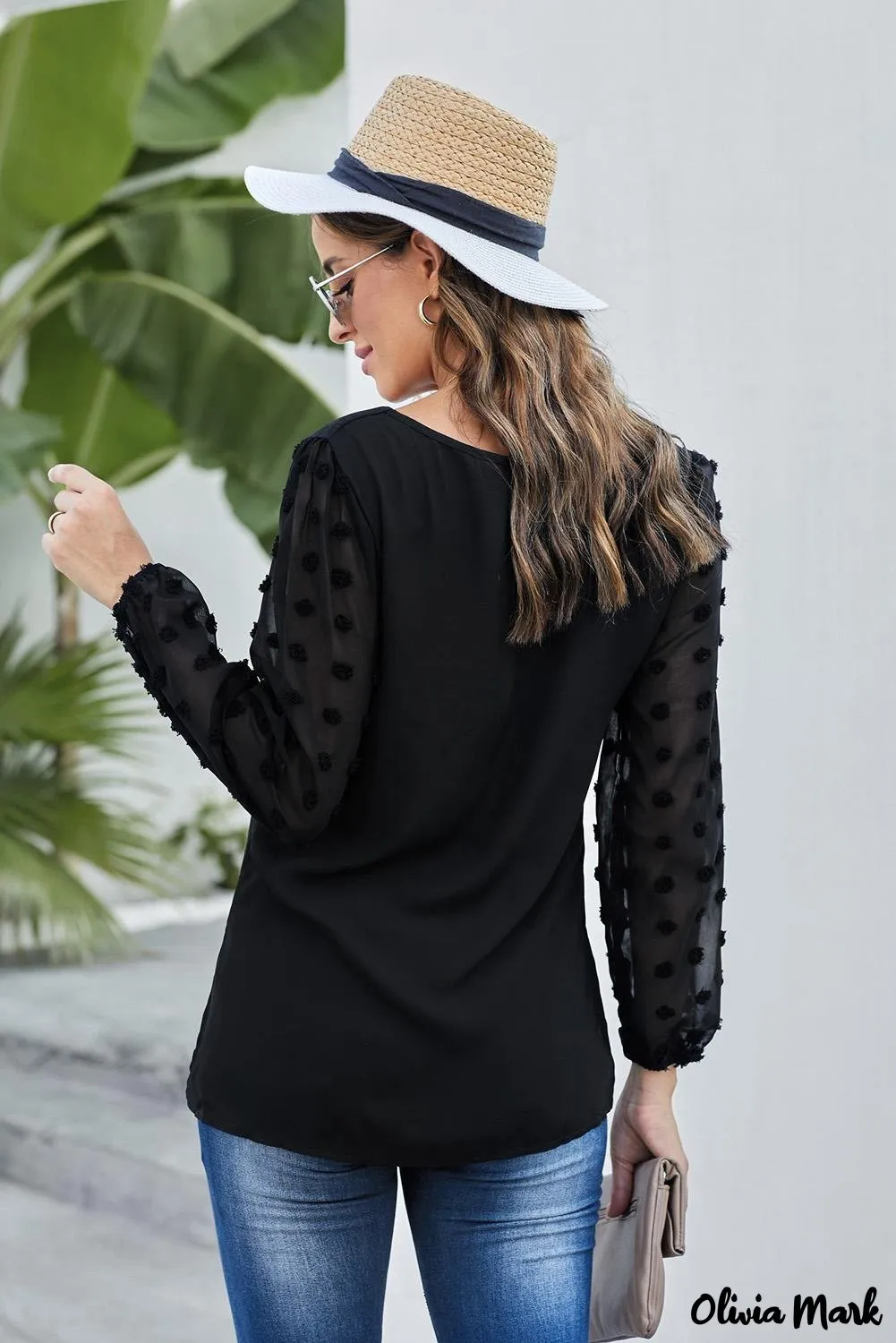 Deanwangkt - Black Polka Dot V-Neck Long Sleeve Blouse