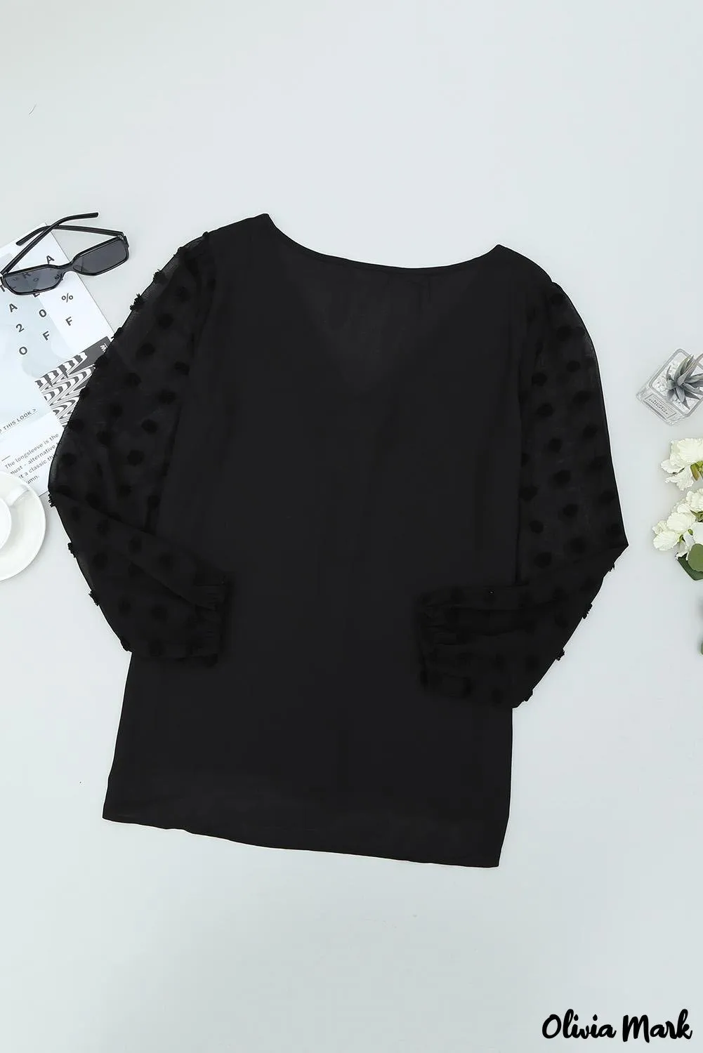 Deanwangkt - Black Polka Dot V-Neck Long Sleeve Blouse