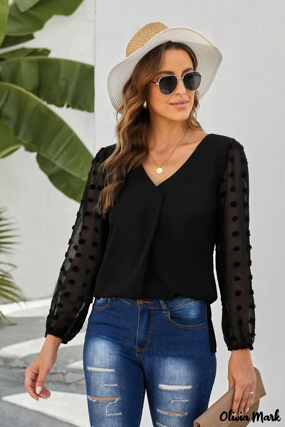 Deanwangkt - Black Polka Dot V-Neck Long Sleeve Blouse