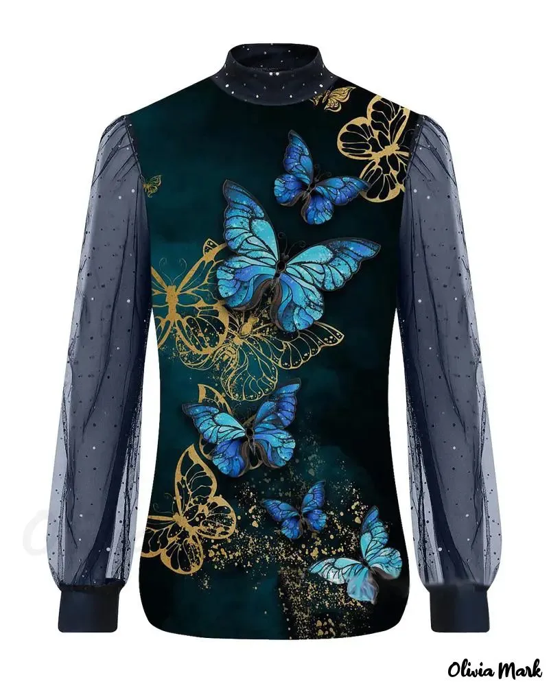 Deanwangkt - Butterfly Print Contrast Mesh Long Sleeve Top