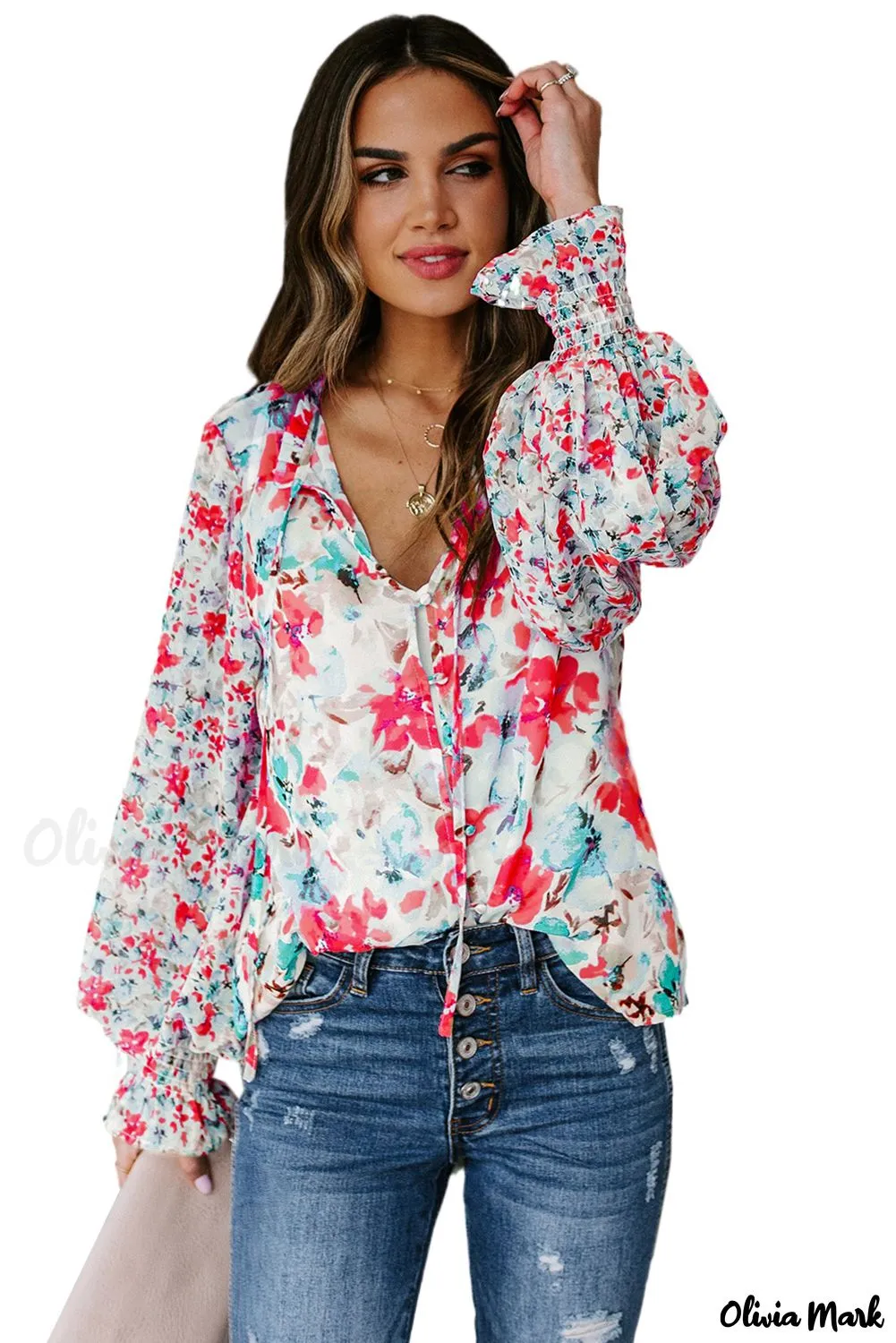 Deanwangkt - Cakewalk Red Floral Smocked Blouse