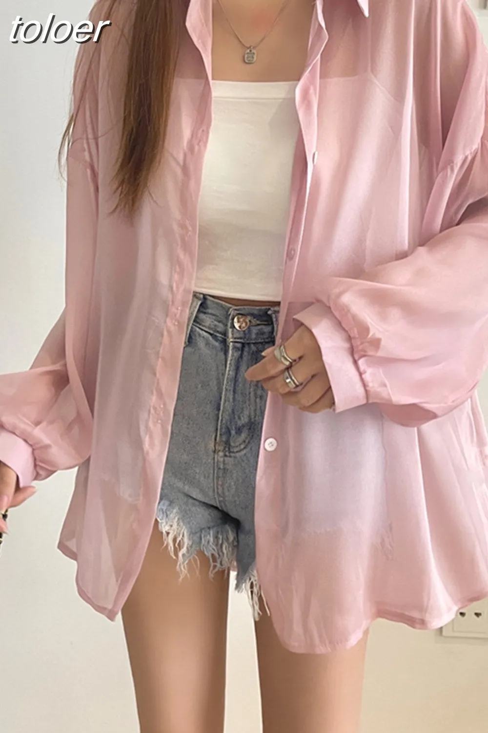 deanwangkt Fashion Women Holiday Beach Shirts See Through Chiffon Blouse Tops Sun Protection Clothes Long Sleeve Blusas New 22209