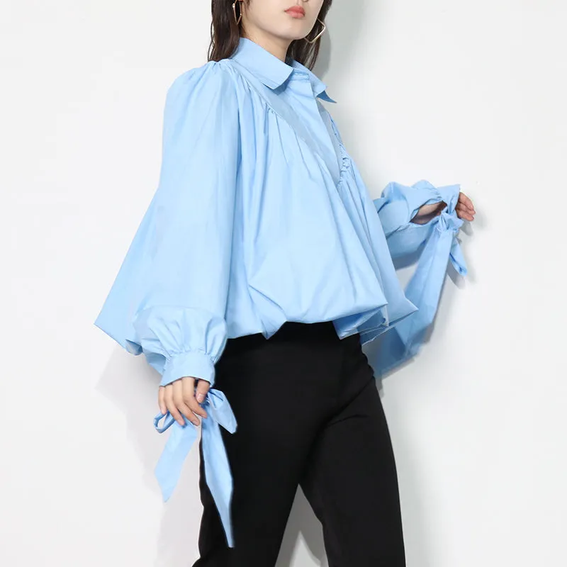 deanwangkt Loose Frill Trim Shirt For Women Lapel Long Sleeve Casual Lace Up Bow Blouse Female Fashion New Clothing Autumn