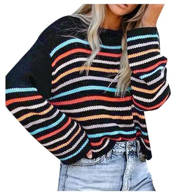 DressBetty - Stripe Printed Women Sweaters Casual Loose Long Sleeve Striped Color Block Knitted Pullover Y2k Jerseys Jumper