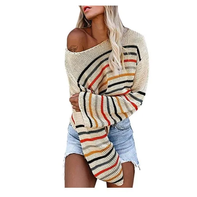 DressBetty - Stripe Printed Women Sweaters Casual Loose Long Sleeve Striped Color Block Knitted Pullover Y2k Jerseys Jumper