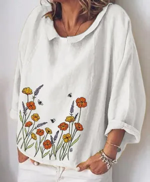 Fashion casual loose cotton and linen printed long-sleeved shirt