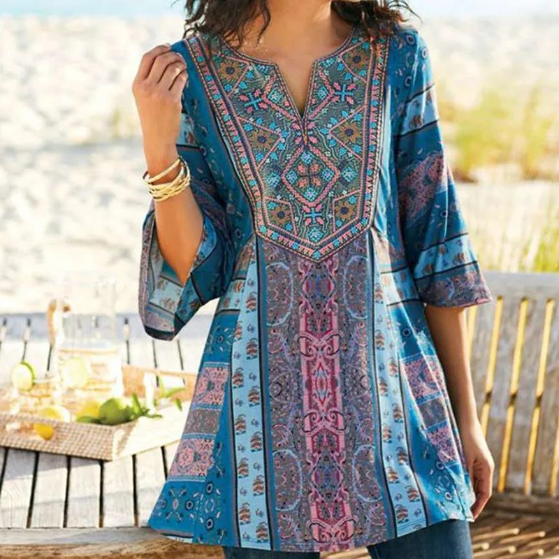 Fashion casual V-neck printed bohemian top