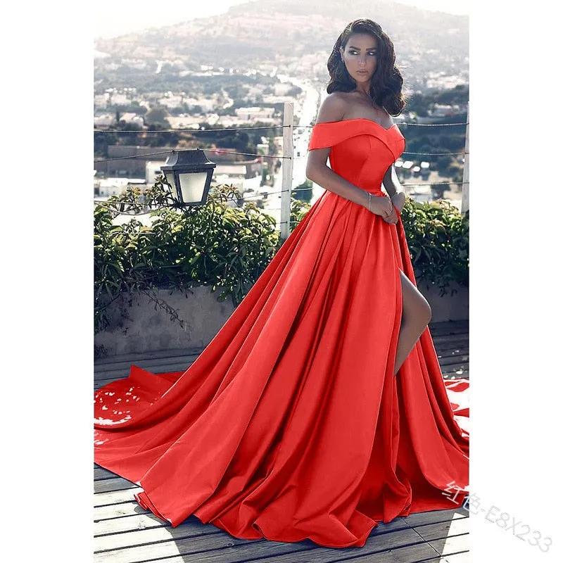 Fashion Elegant Boat Neck Evening Dresses for Women Party Classy Night Lady Sexy Off The Shoulder Slit Ball Gown Prom Vestidos