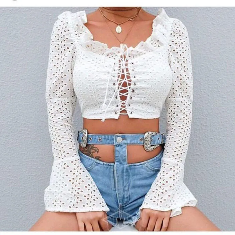 Fashion Lace Hollow Tie Long Sleeve Top