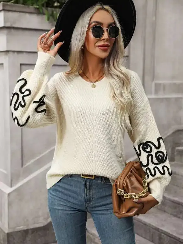 Fashion Ladies Pullover Knitwear Solid Color Pattern Sweater