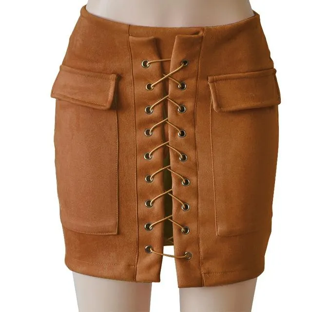 Fashion Womens Autumn Lace-up Leather Suede Pencil Skirts Winter Cross High Waist Mini Skirt Zipper Split Bodycon Short Skirts