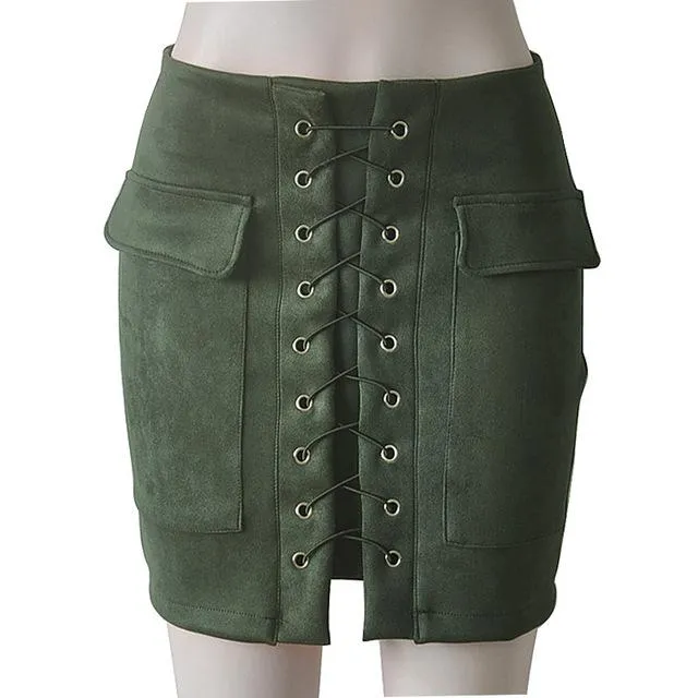 Fashion Womens Autumn Lace-up Leather Suede Pencil Skirts Winter Cross High Waist Mini Skirt Zipper Split Bodycon Short Skirts