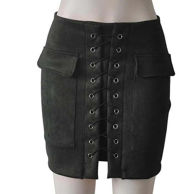 Fashion Womens Autumn Lace-up Leather Suede Pencil Skirts Winter Cross High Waist Mini Skirt Zipper Split Bodycon Short Skirts