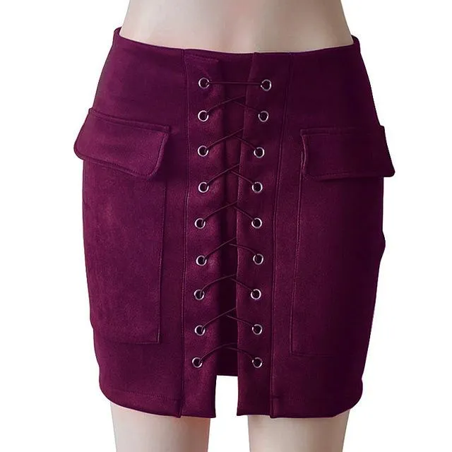 Fashion Womens Autumn Lace-up Leather Suede Pencil Skirts Winter Cross High Waist Mini Skirt Zipper Split Bodycon Short Skirts