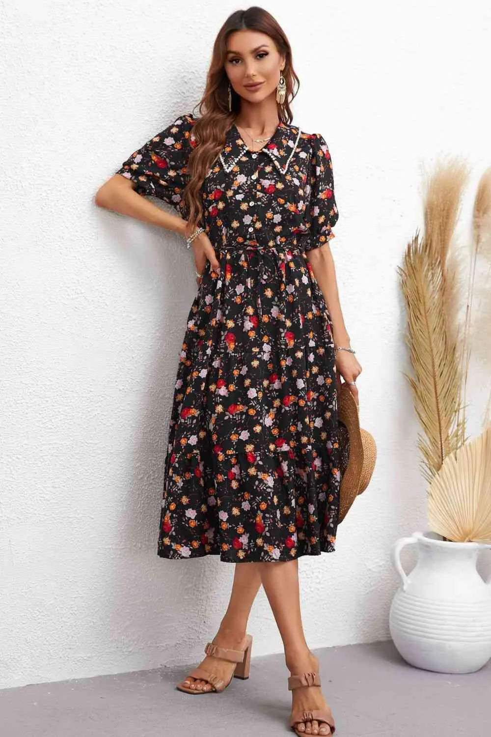 Floral Collared Neck Puff Sleeve Dress