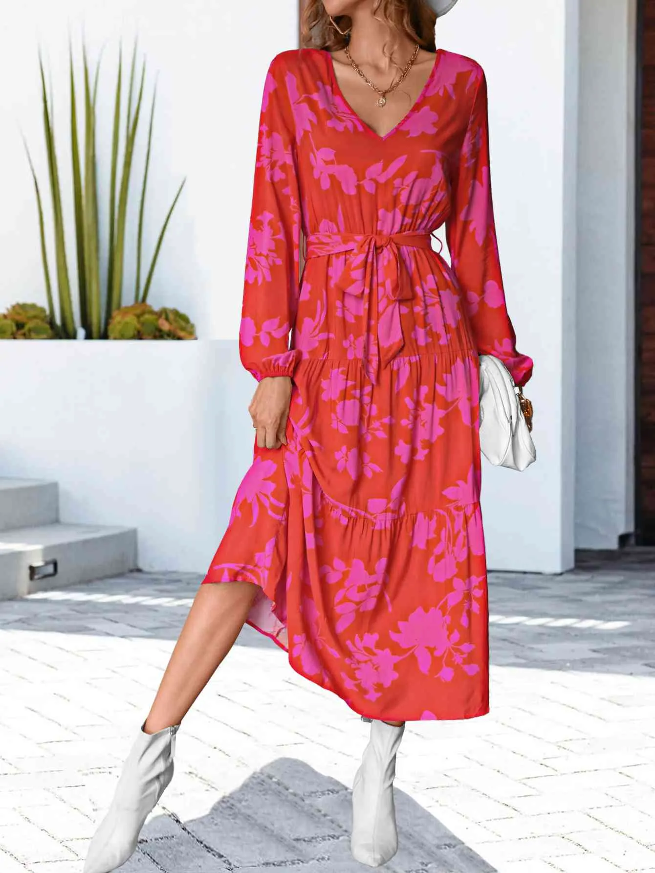 Floral V-Neck Long Sleeve Dress