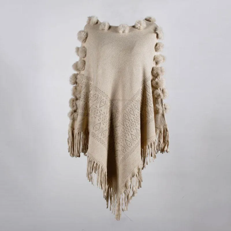 Fringed cloak shawl hair ball round neck pullover solid color sweater women