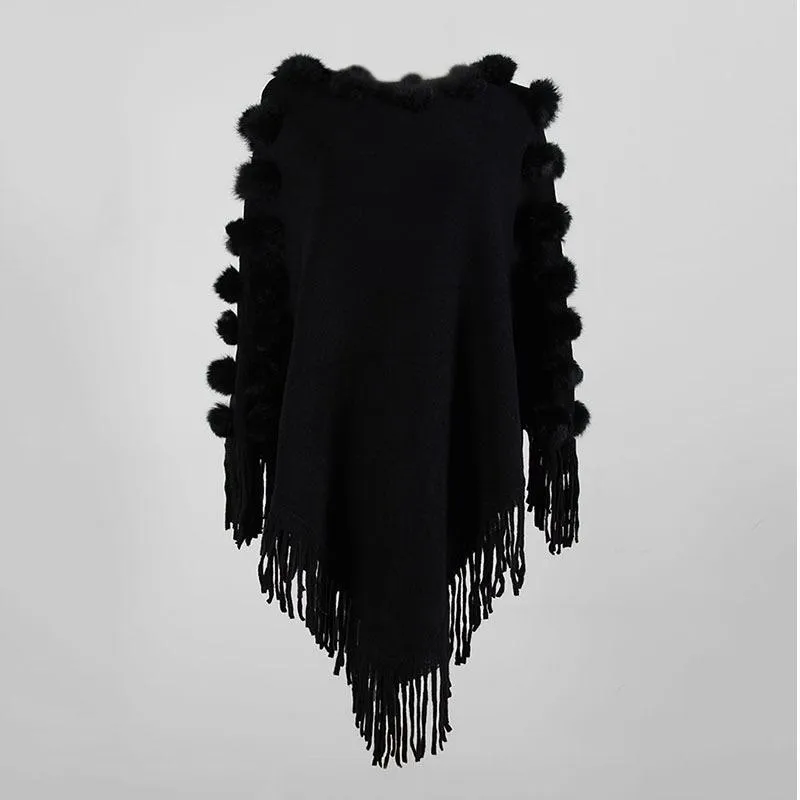 Fringed cloak shawl hair ball round neck pullover solid color sweater women