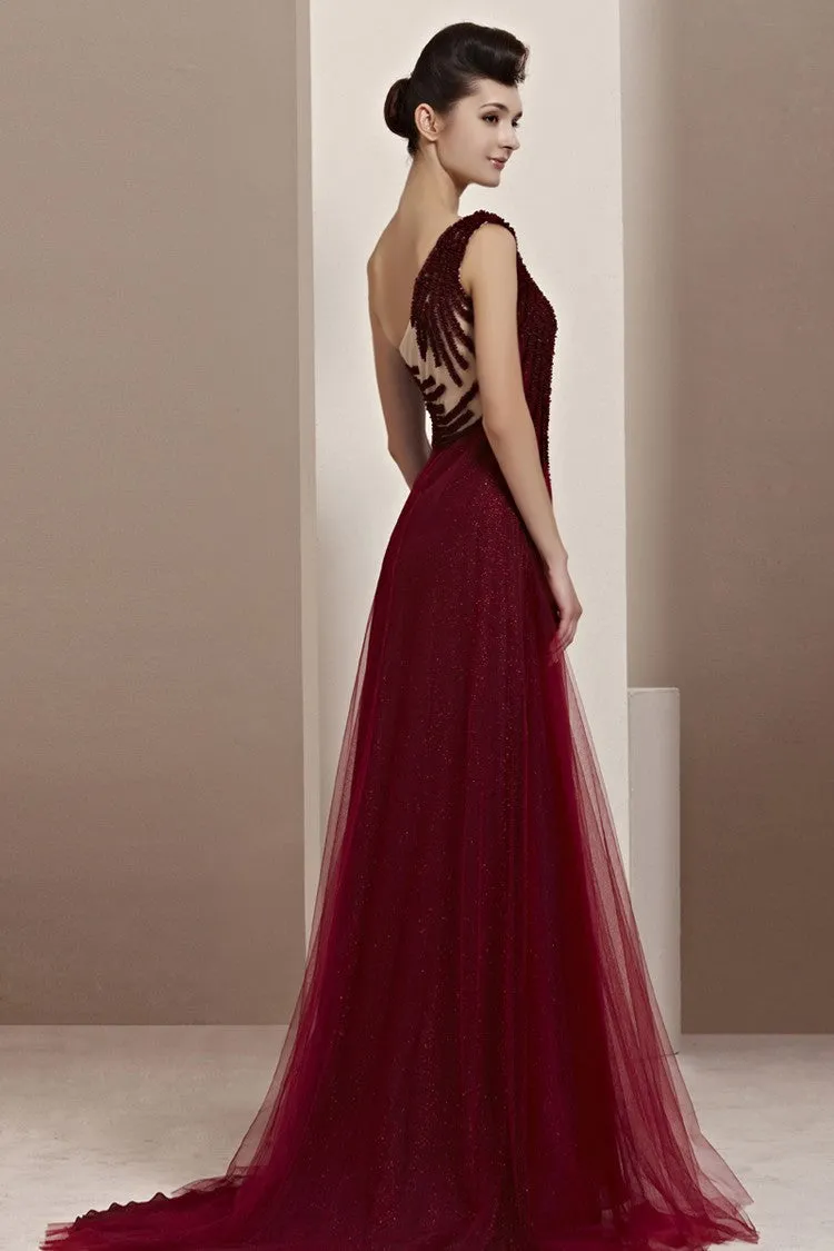 Grecian Asymmetric One Shoulder Burgundy Prom Formal Evening Dress CX830111