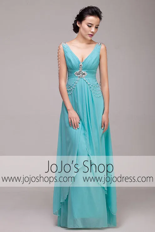 Grecian Goddess Blue V Neck Formal Prom Dress | G2011