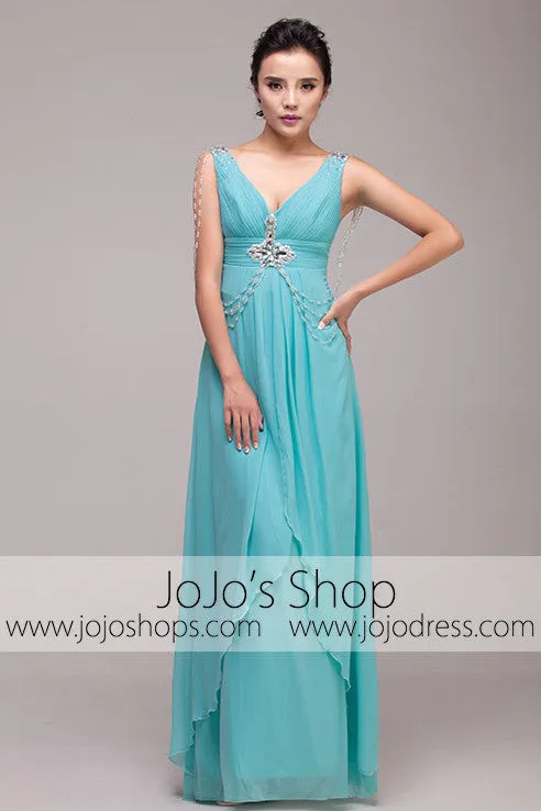 Grecian Goddess Blue V Neck Formal Prom Dress | G2011