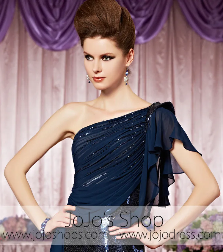 Grecian Navy Blue Shimmery One Shoulder Elegant Prom Formal Evening Dress CX830215