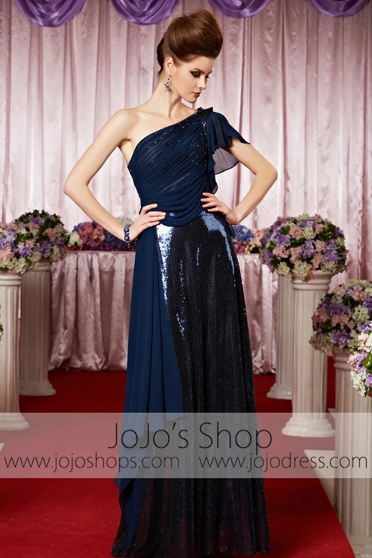 Grecian Navy Blue Shimmery One Shoulder Elegant Prom Formal Evening Dress CX830215