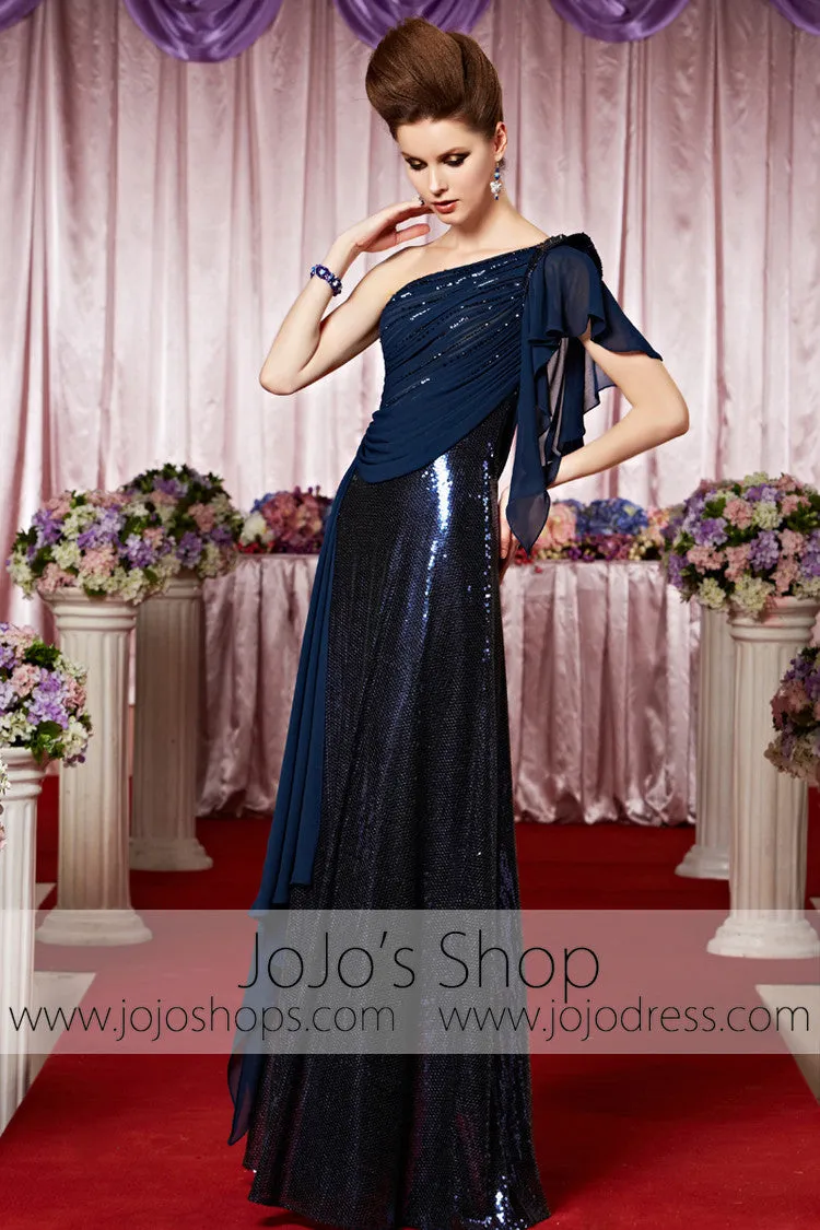 Grecian Navy Blue Shimmery One Shoulder Elegant Prom Formal Evening Dress CX830215