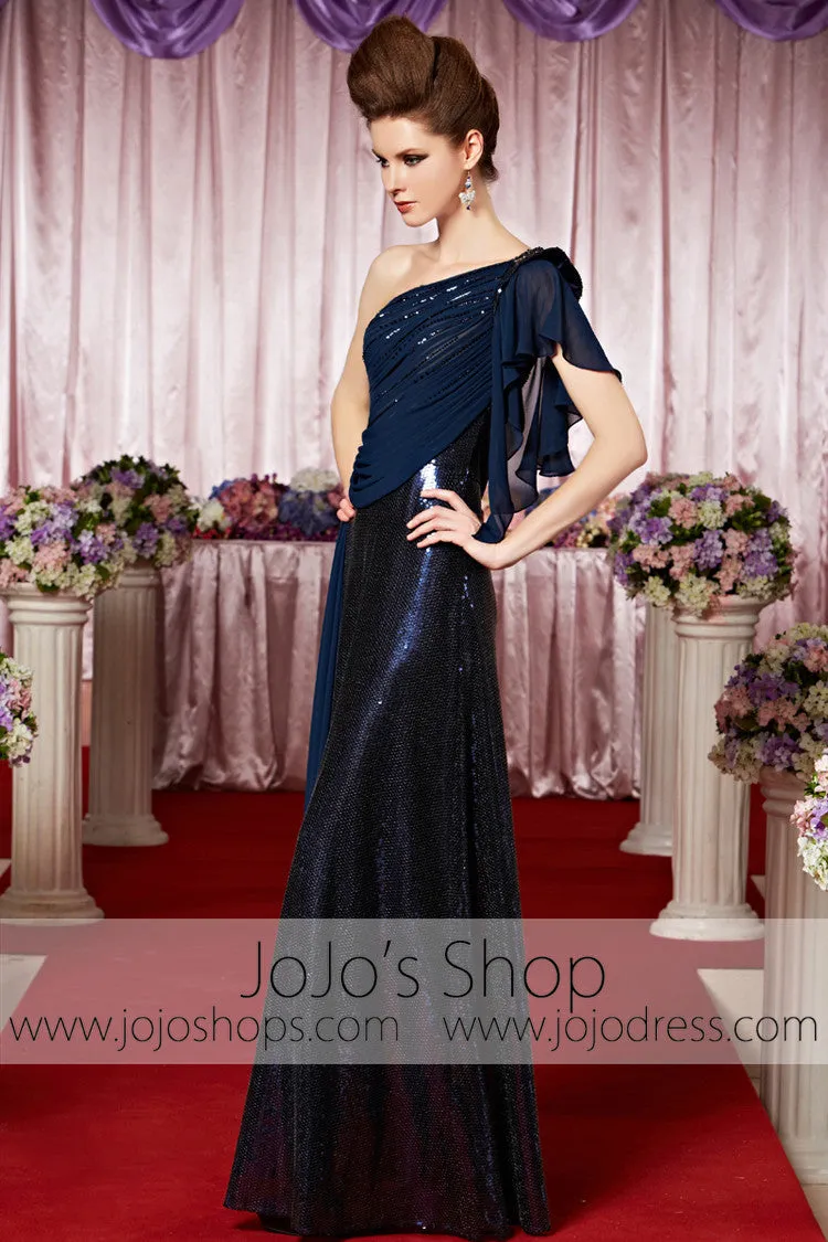 Grecian Navy Blue Shimmery One Shoulder Elegant Prom Formal Evening Dress CX830215