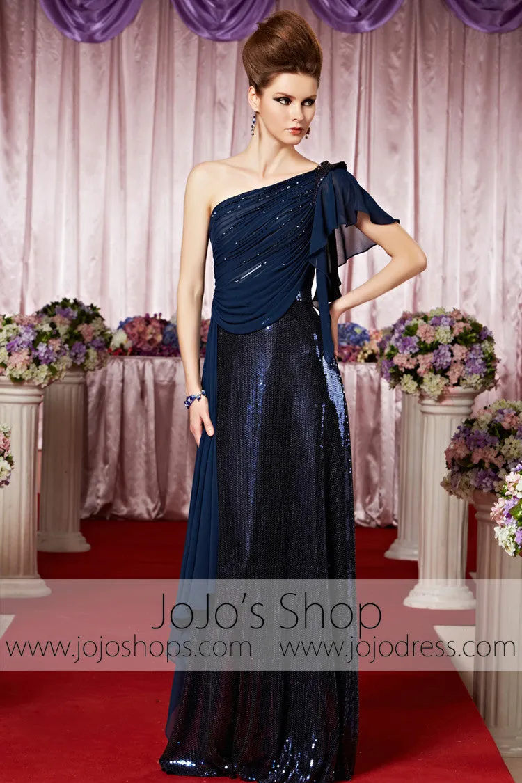 Grecian Navy Blue Shimmery One Shoulder Elegant Prom Formal Evening Dress CX830215